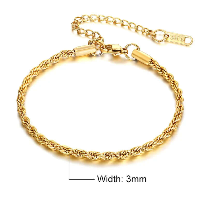 Gold plated twisted rope braceelet 3mm width